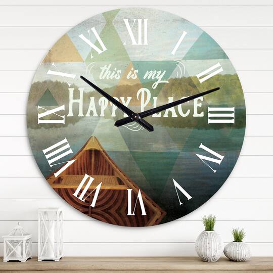 Designart 'Lake House Happy Quote Traditional Wall Clock